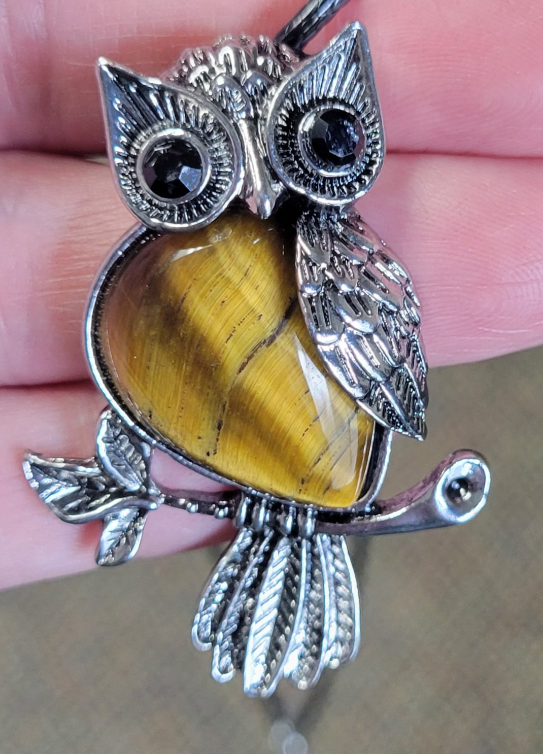 Owl Charm Pendant Necklace with Inlaid Tiger Eye Stone