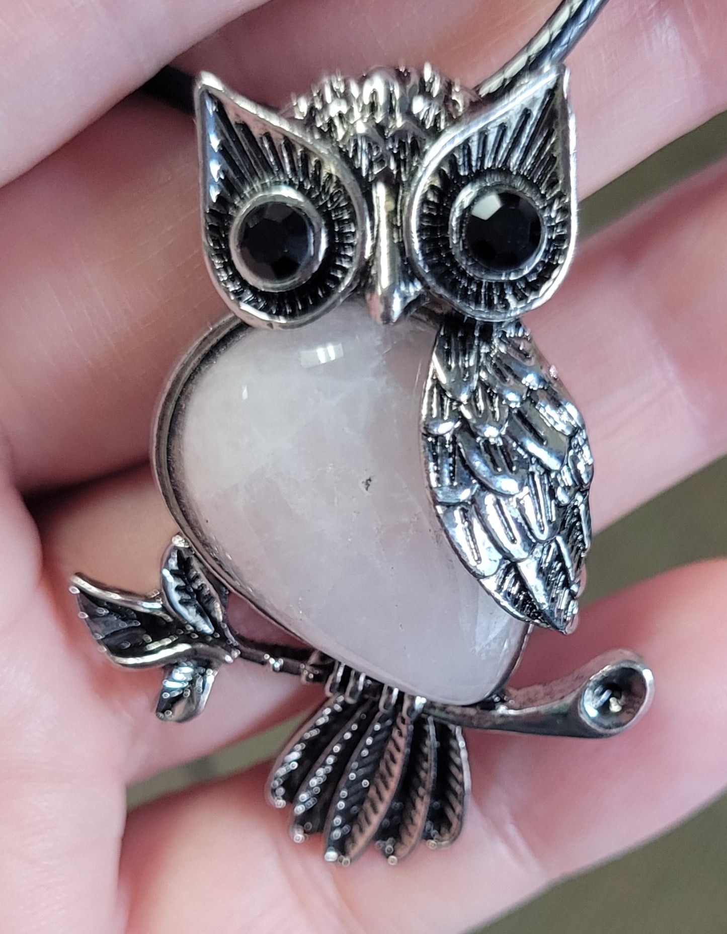 Owl Charm Pendant Necklace with Inlaid Rose Quartz Stone