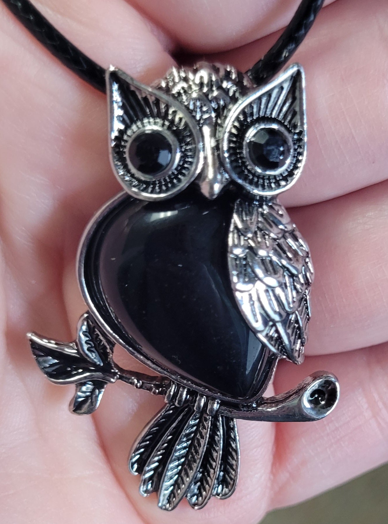 Owl Charm Pendant Necklace with Inlaid Obsidian Stone