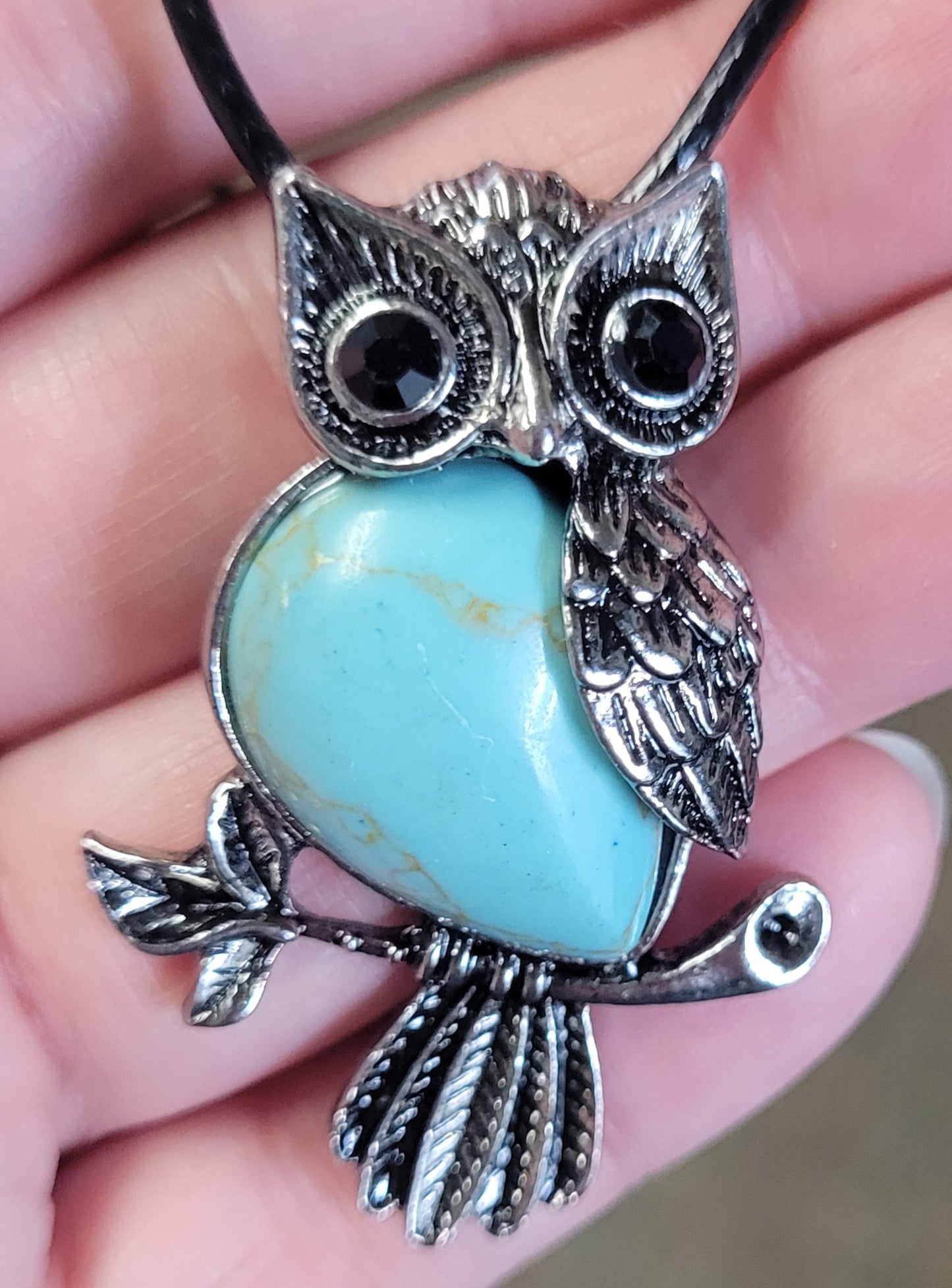 Owl Charm Pendant Necklace with Inlaid Turquoise Stone