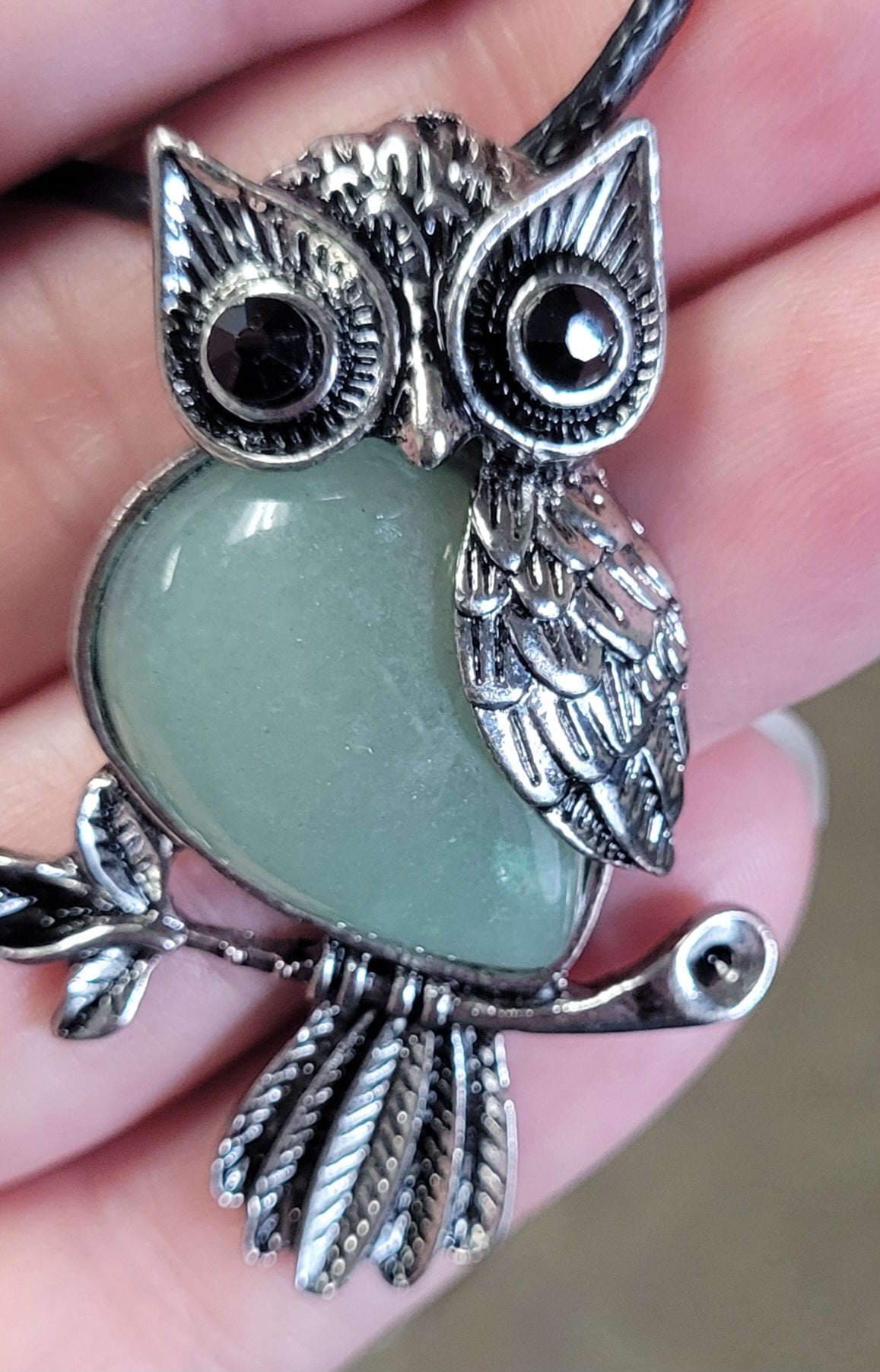 Owl Charm Pendant Necklace with Inlaid Aventurine Stone