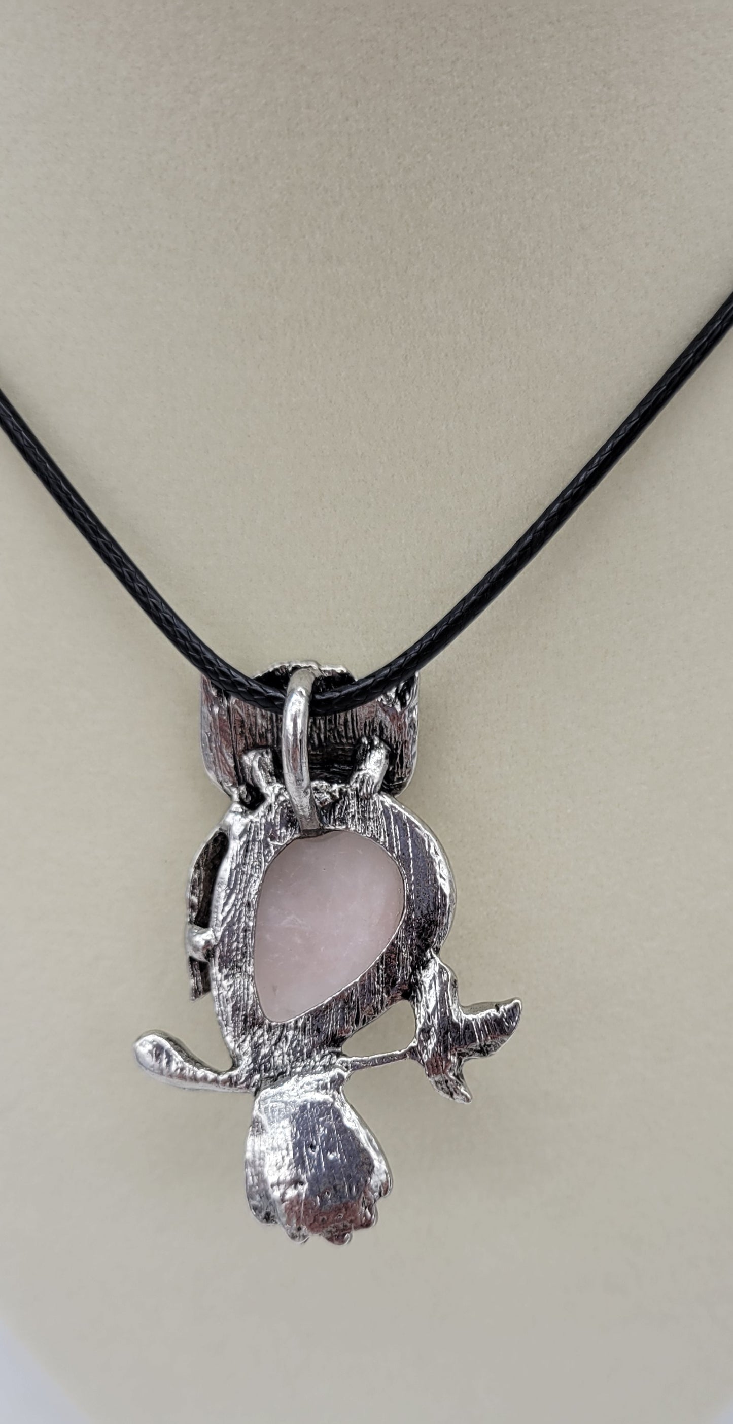 Owl Charm Pendant Necklace with Inlaid Rose Quartz Stone