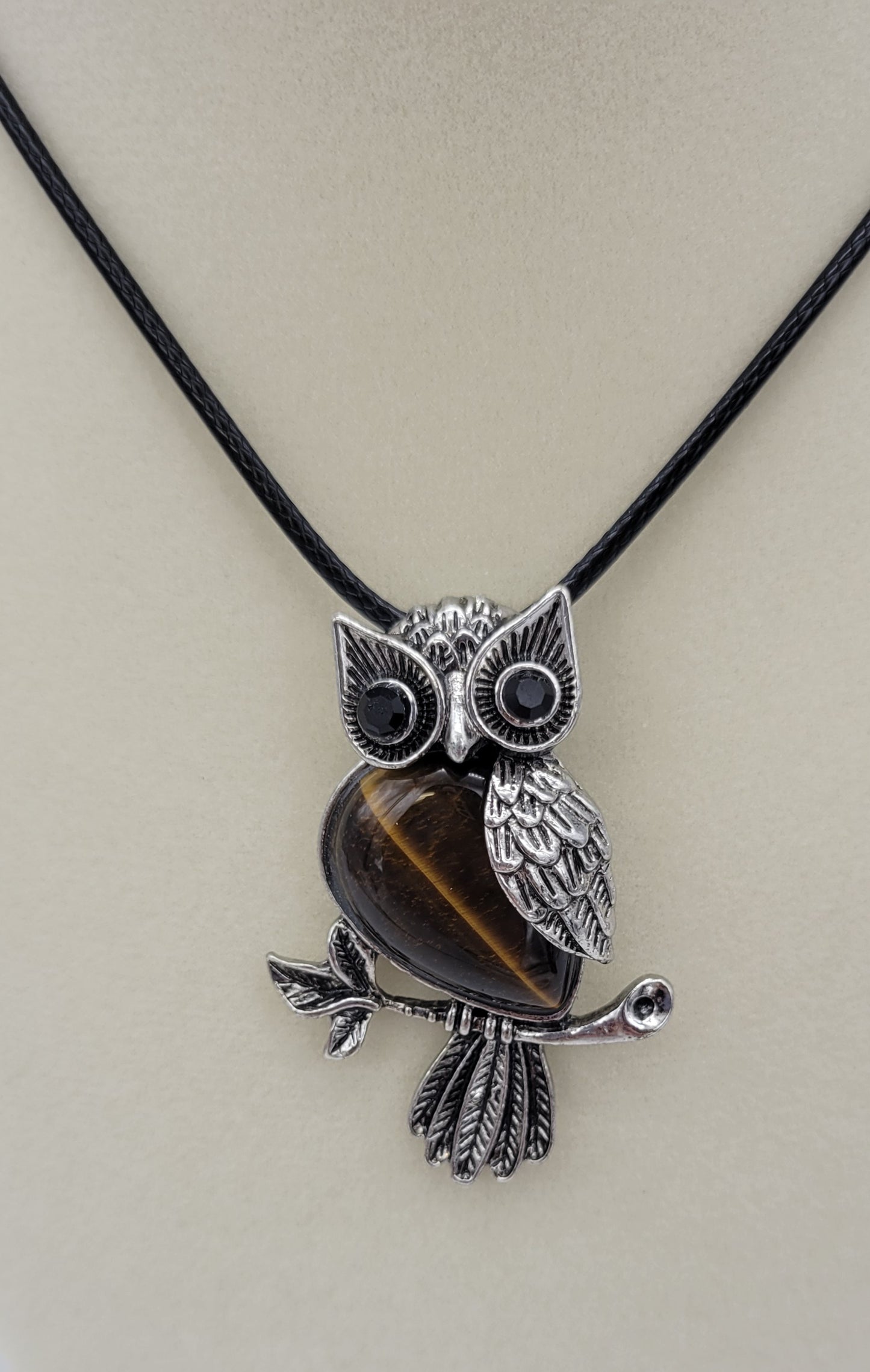 Owl Charm Pendant Necklace with Inlaid Tiger Eye Stone