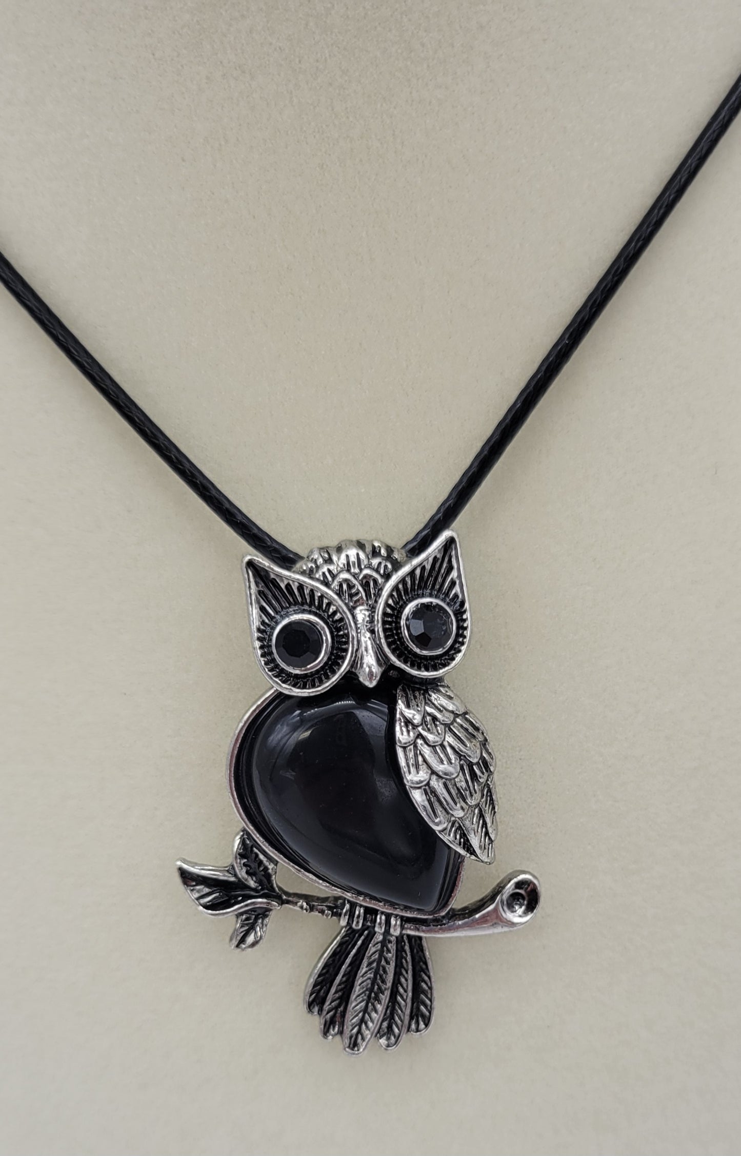 Owl Charm Pendant Necklace with Inlaid Obsidian Stone