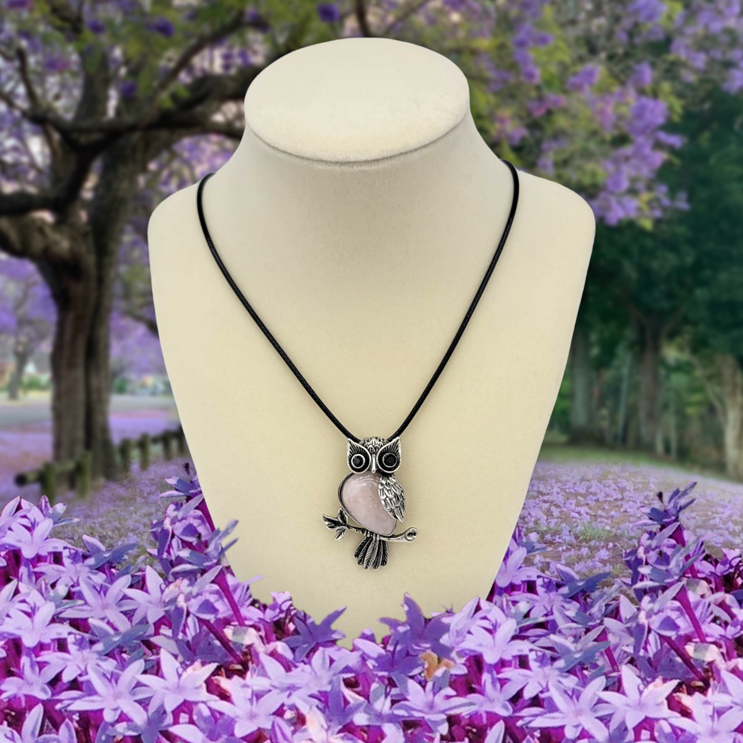 Owl Charm Pendant Necklace with Inlaid Rose Quartz Stone