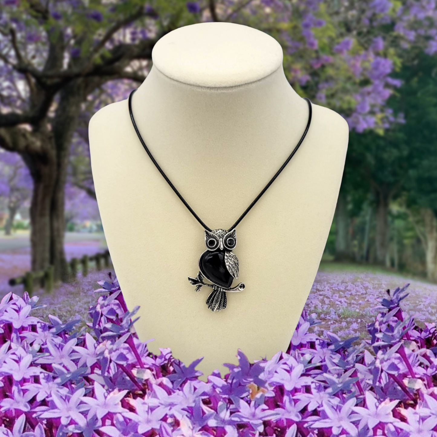 Owl Charm Pendant Necklace with Inlaid Obsidian Stone