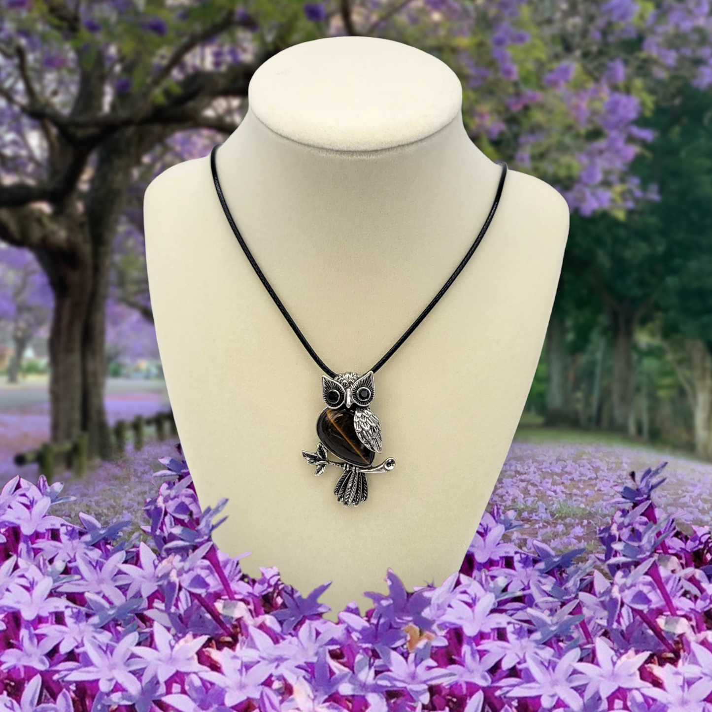 Owl Charm Pendant Necklace with Inlaid Tiger Eye Stone