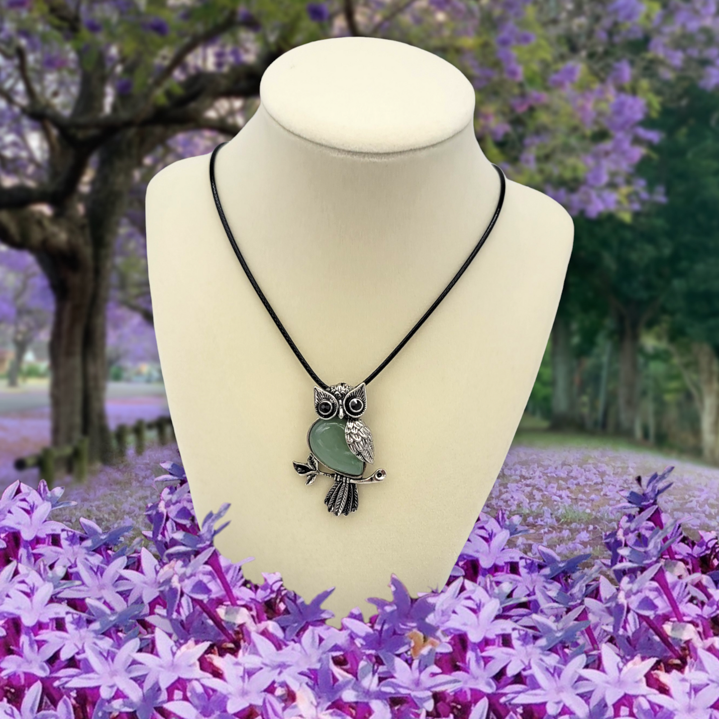 Owl Charm Pendant Necklace with Inlaid Aventurine Stone