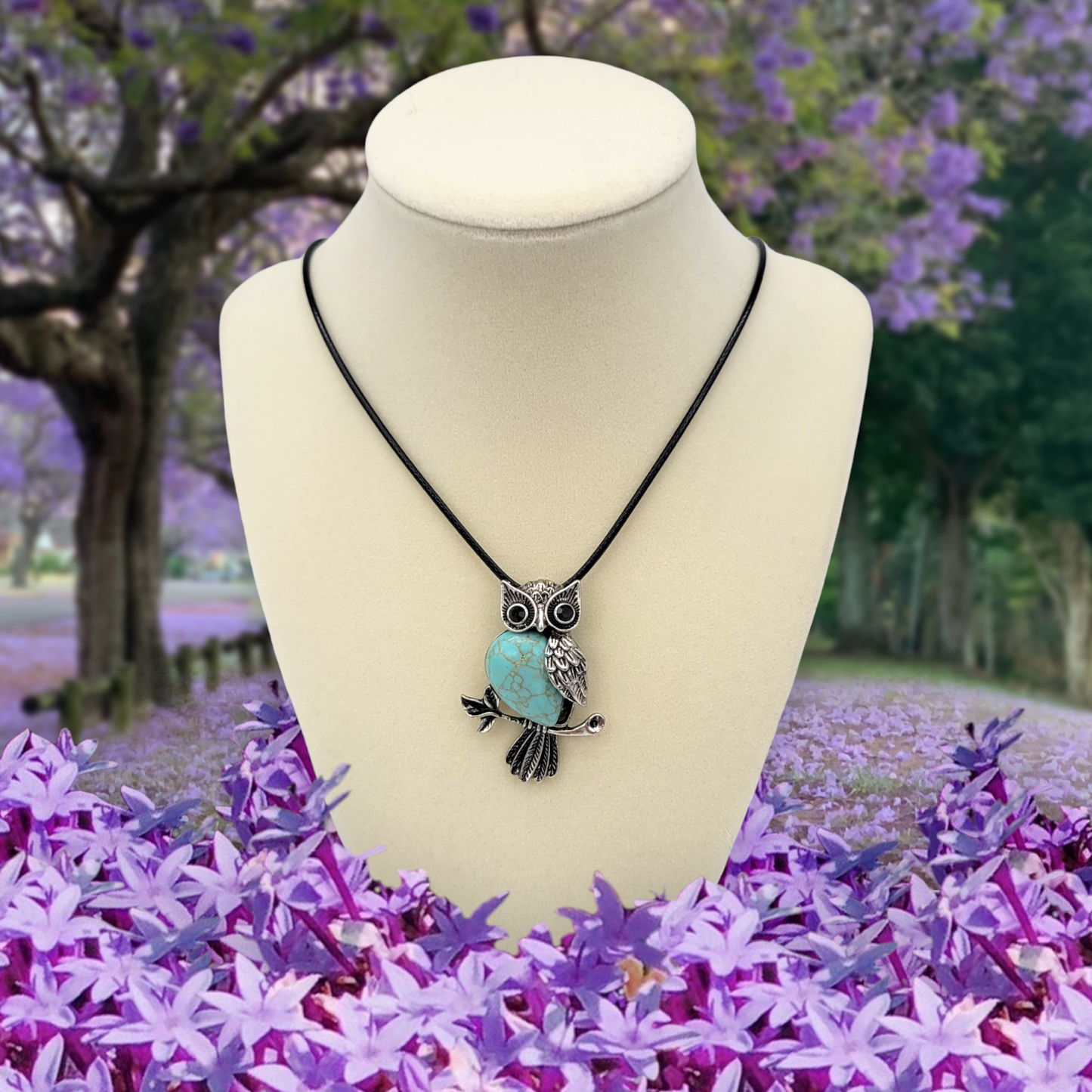 Owl Charm Pendant Necklace with Inlaid Turquoise Stone